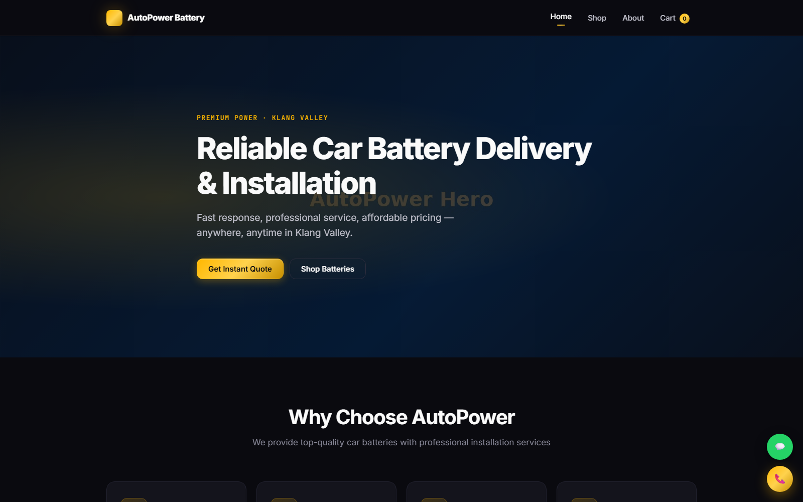 AutoPower Battery prototype homepage — premium dark theme with gold accents