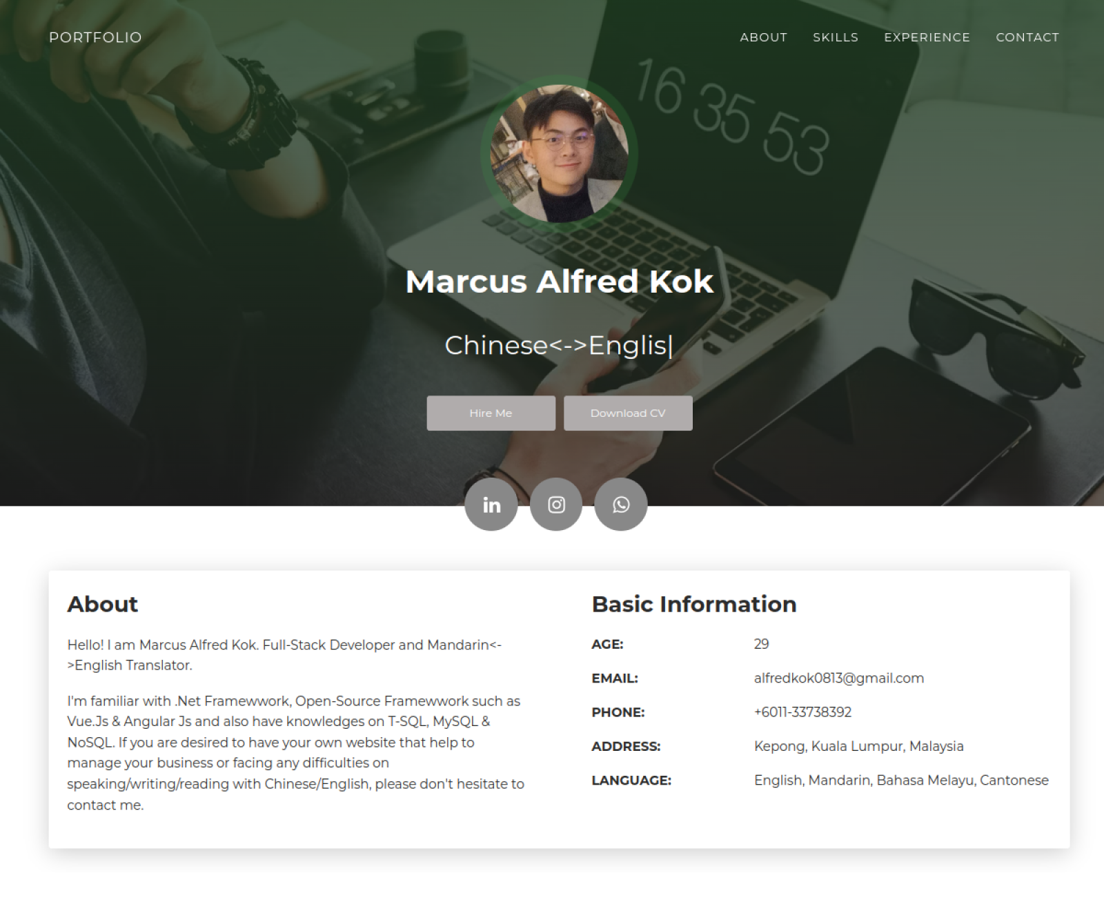 Personal Resume Site live example — Marcus Alfred Kok portfolio homepage